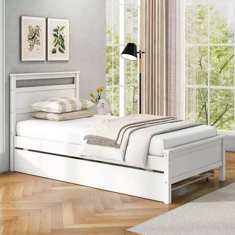 Letto a piattaforma singolo con letto estraibile | Testiera e pediera, grigio/bianco