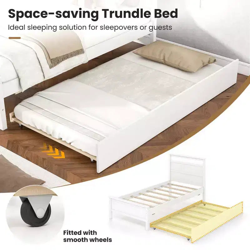 Letto a piattaforma singolo con letto estraibile | Testiera e pediera, grigio/bianco
