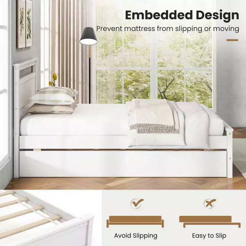 Letto a piattaforma singolo con letto estraibile | Testiera e pediera, grigio/bianco