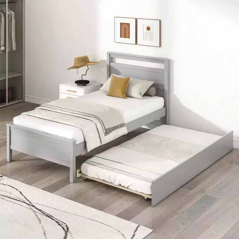 Letto a piattaforma singolo con letto estraibile | Testiera e pediera, grigio/bianco
