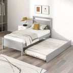Letto a piattaforma singolo con letto estraibile | Testiera e pediera, grigio/bianco