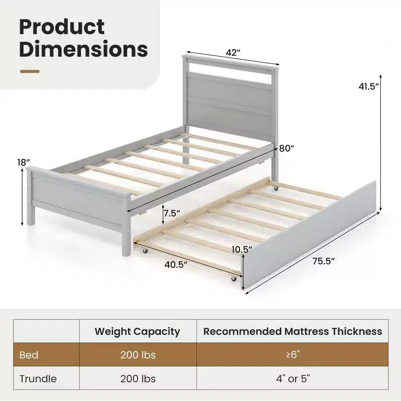 Letto a piattaforma singolo con letto estraibile | Testiera e pediera, grigio/bianco
