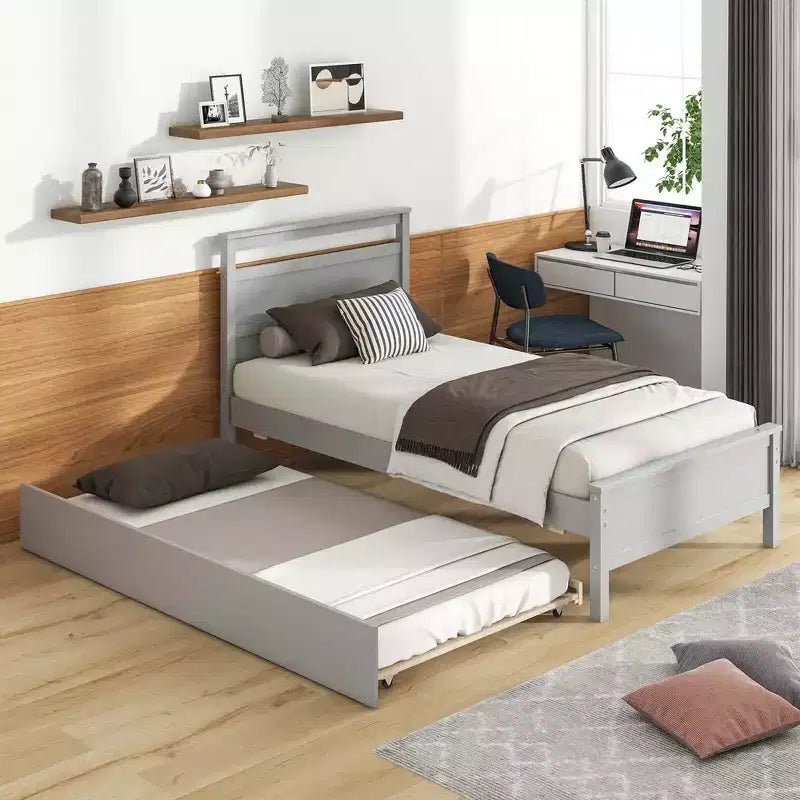 Letto a piattaforma singolo con letto estraibile | Testiera e pediera, grigio/bianco