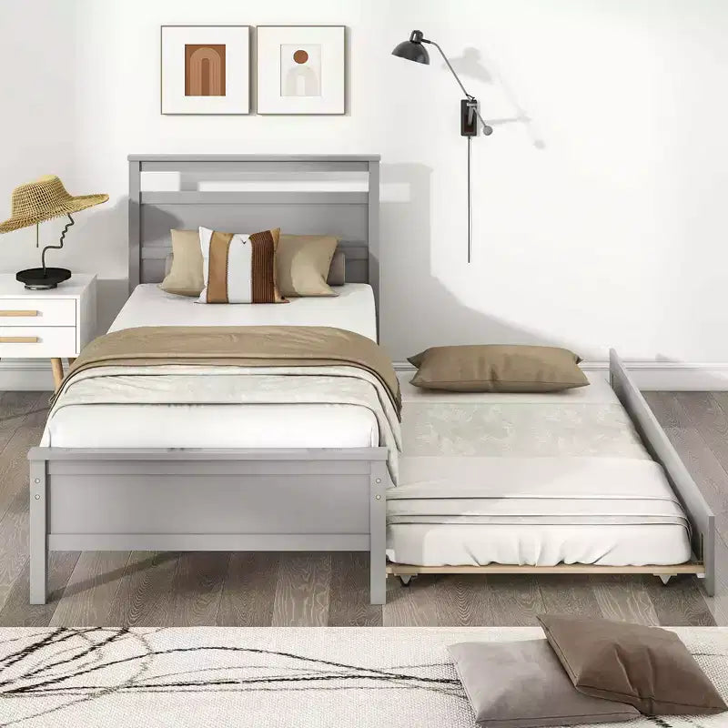 Letto a piattaforma singolo con letto estraibile | Testiera e pediera, grigio/bianco