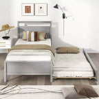 Letto a piattaforma singolo con letto estraibile | Testiera e pediera, grigio/bianco