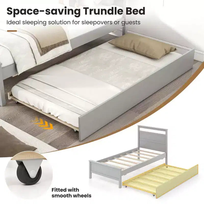 Letto a piattaforma singolo con letto estraibile | Testiera e pediera, grigio/bianco