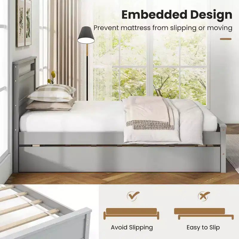 Letto a piattaforma singolo con letto estraibile | Testiera e pediera, grigio/bianco