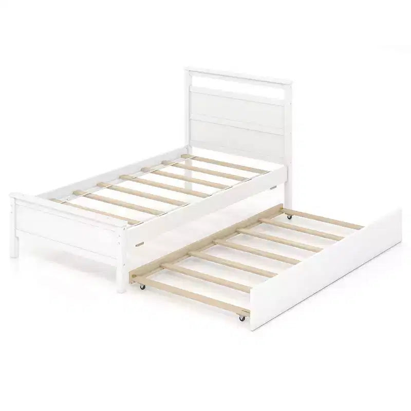 Letto a piattaforma singolo con letto estraibile | Testiera e pediera, grigio/bianco