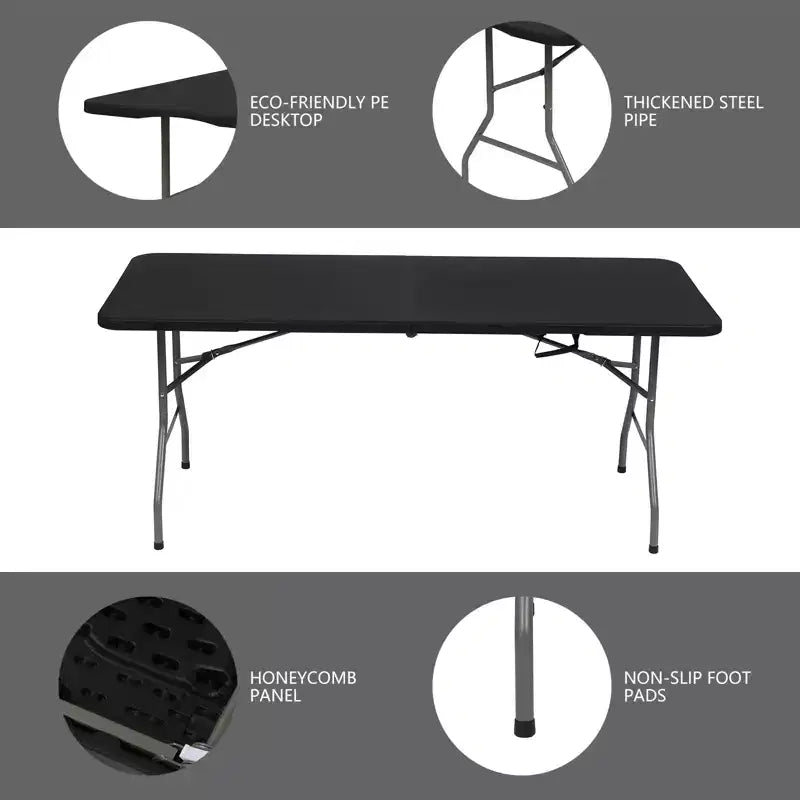 Tavolo Pieghevole 6 Piedi Portatile in HDPE Plastica Rettangolare per Interni ed Esterni con Gambe in Acciaio Nero