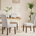 Set di 4 sedie da pranzo imbottite in lino con struttura in legno massello