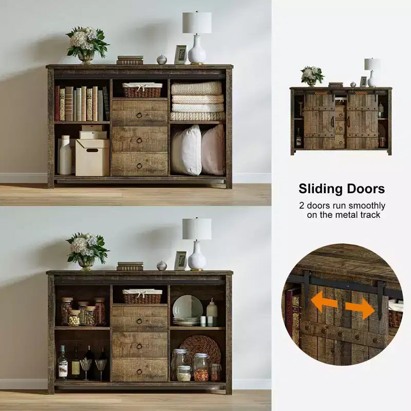 3-Drawer Kitchen Storage Cabinet Sideboard with Sliding Barn Doors