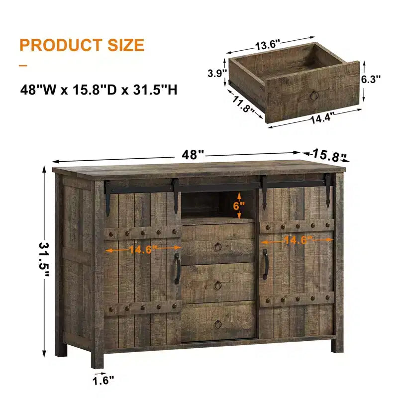 Mobile buffet da cucina con 3 cassetti e ante scorrevoli a fienile