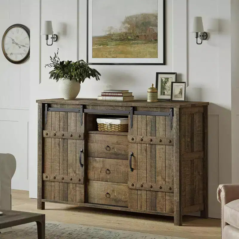 Mobile buffet da cucina con 3 cassetti e ante scorrevoli a fienile