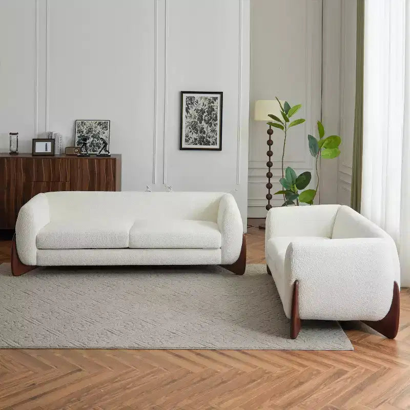 Set Divani da Soggiorno in Bouclé a 2 Pezzi Beige | Divano e Divanetto con Gambe in Betulla