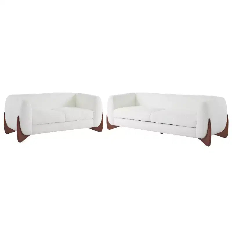 Set Divani da Soggiorno in Bouclé a 2 Pezzi Beige | Divano e Divanetto con Gambe in Betulla