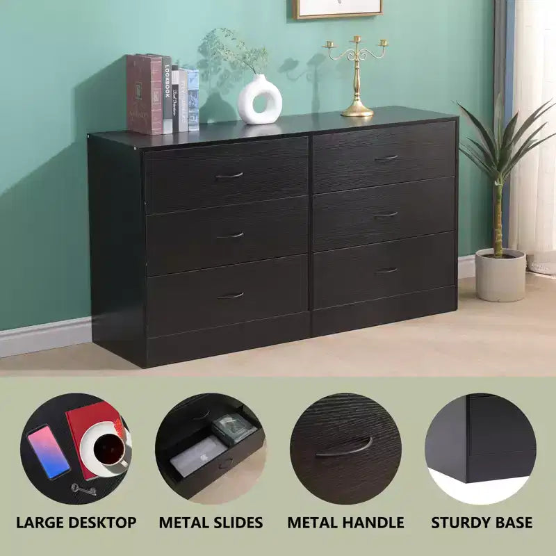 Cassettiera a 6 cassetti per camera da letto, moderna e ampia, con telaio in acciaio, in MDF nero