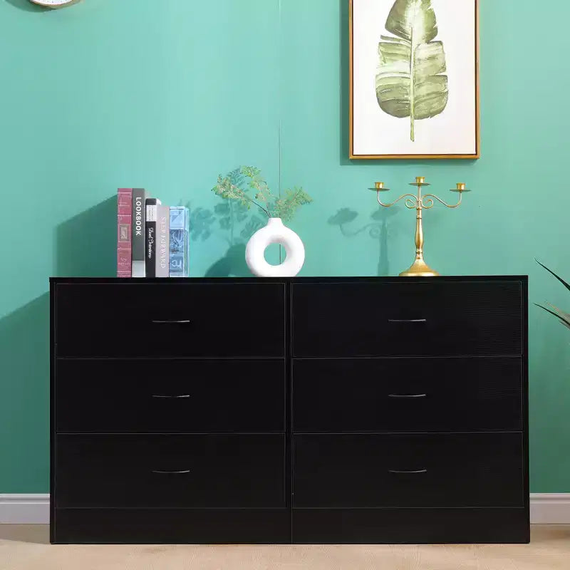 Cassettiera a 6 cassetti per camera da letto, moderna e ampia, con telaio in acciaio, in MDF nero