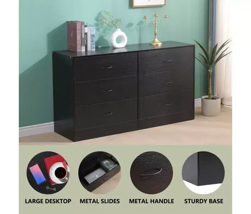 Cassettiera a 6 cassetti per camera da letto, moderna e ampia, con telaio in acciaio, in MDF nero