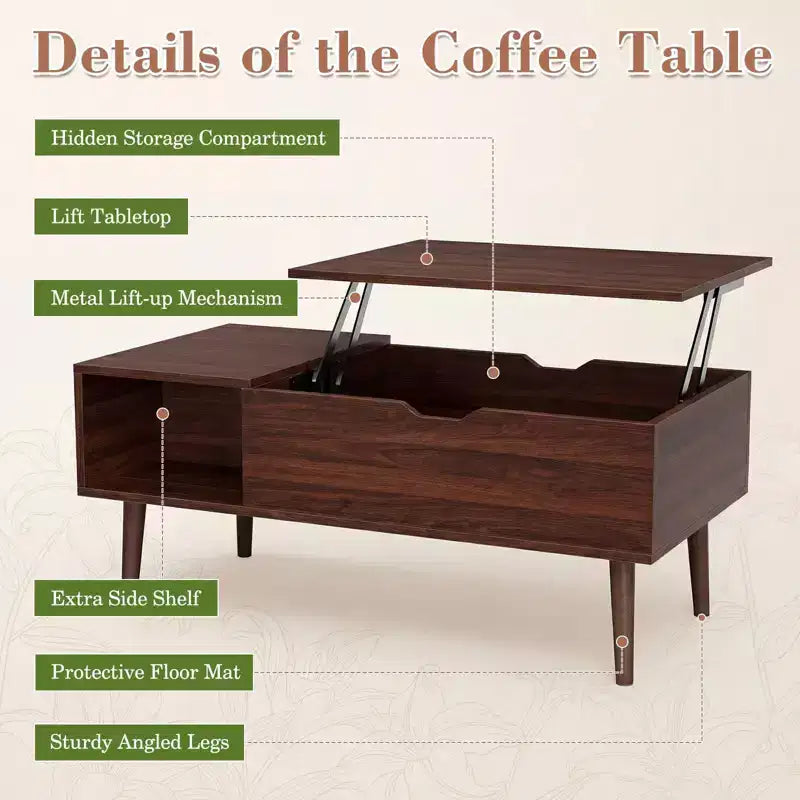 Tavolino da Caffè con Piano Sollevabile, Vano Nascosto e Gambe in Legno