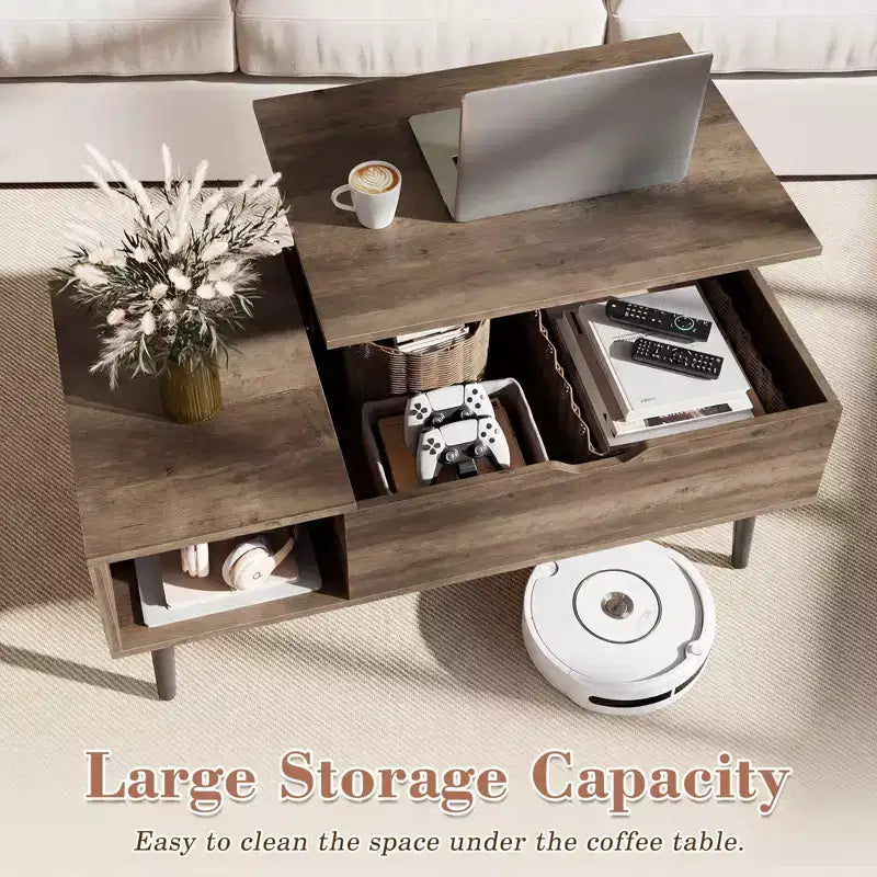 Tavolino da Caffè con Piano Sollevabile, Vano Nascosto e Gambe in Legno