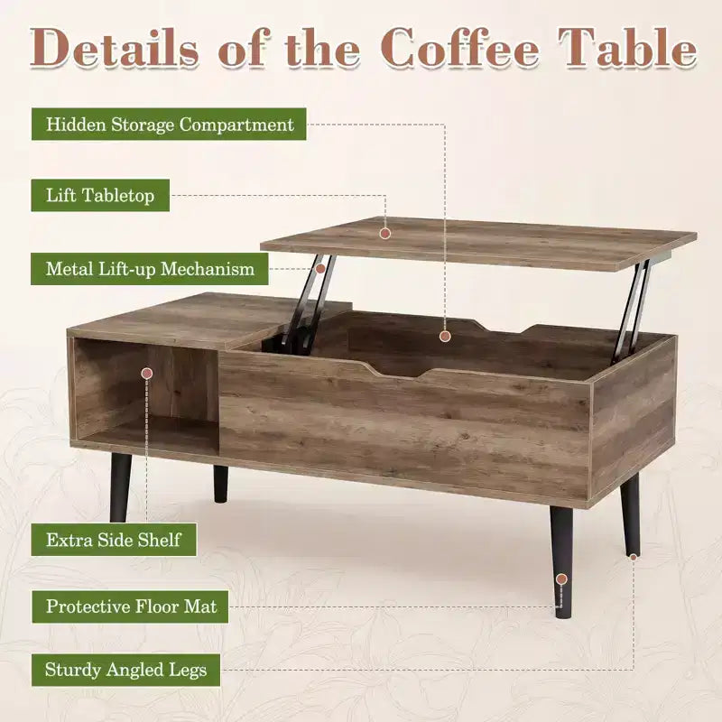 Tavolino da Caffè con Piano Sollevabile, Vano Nascosto e Gambe in Legno