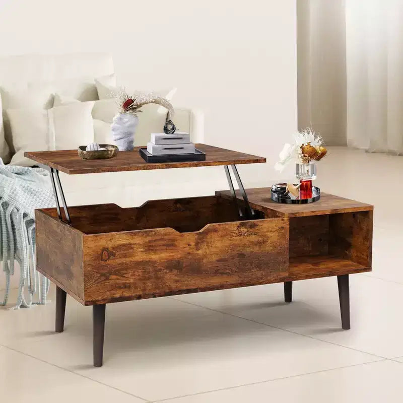 Tavolino da Caffè con Piano Sollevabile, Vano Nascosto e Gambe in Legno