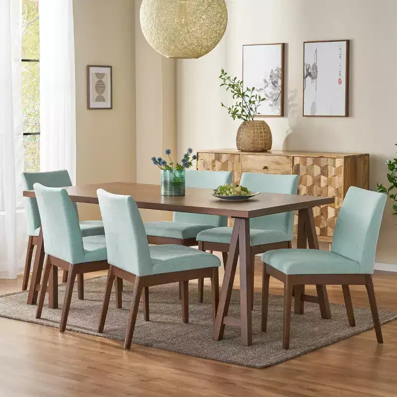 Set da pranzo moderno di metà secolo a 7 pezzi | Sedie imbottite e tavolo in legno di gomma