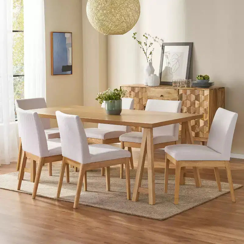 Set da pranzo moderno di metà secolo a 7 pezzi | Sedie imbottite e tavolo in legno di gomma