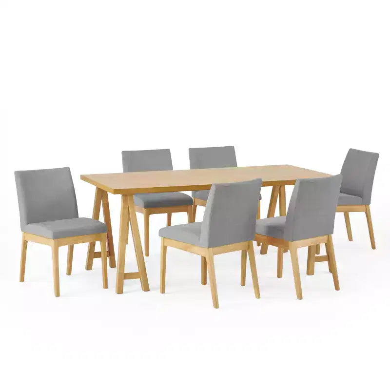 Set da pranzo moderno di metà secolo a 7 pezzi | Sedie imbottite e tavolo in legno di gomma
