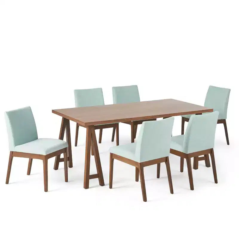 Set da pranzo moderno di metà secolo a 7 pezzi | Sedie imbottite e tavolo in legno di gomma