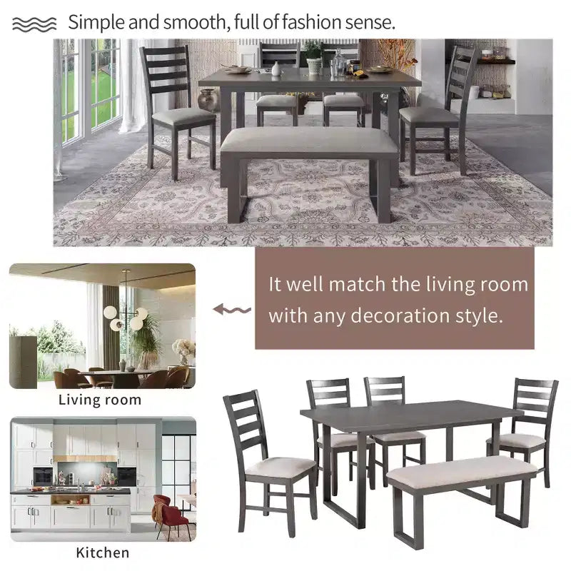 Set da pranzo da 6 pezzi con tavolo rettangolare, 4 sedie e panca - Grigio