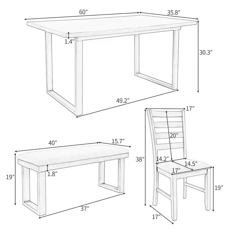 Set da pranzo da 6 pezzi con tavolo rettangolare, 4 sedie e panca - Grigio