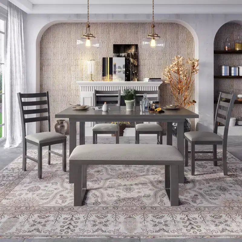 Set da pranzo da 6 pezzi con tavolo rettangolare, 4 sedie e panca - Grigio