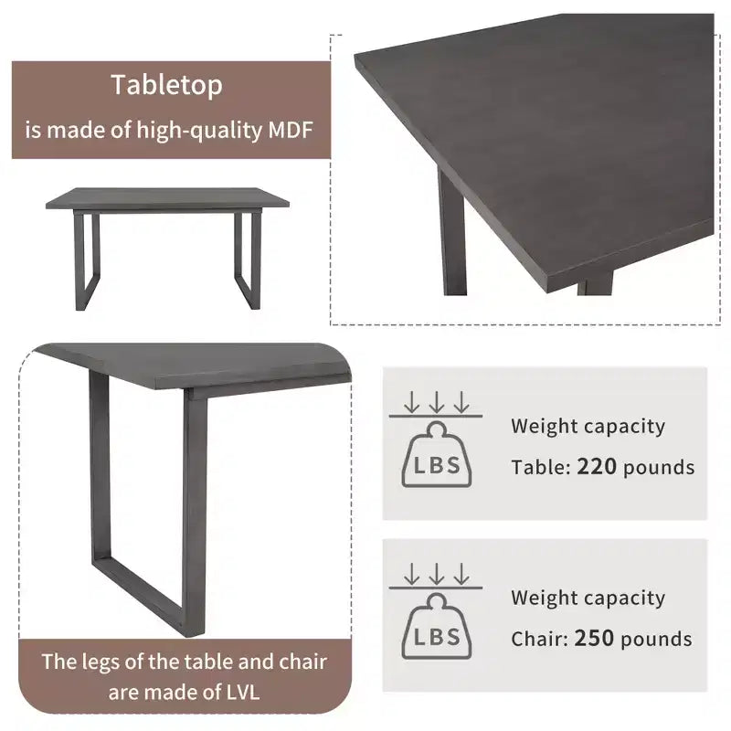 Set da pranzo da 6 pezzi con tavolo rettangolare, 4 sedie e panca - Grigio