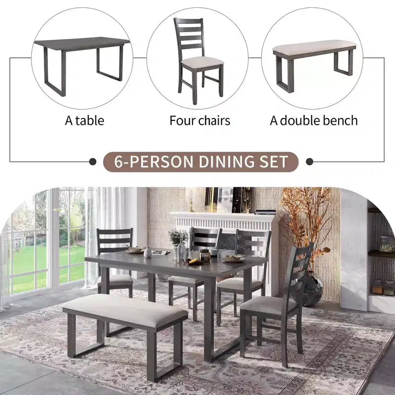 Set da pranzo da 6 pezzi con tavolo rettangolare, 4 sedie e panca - Grigio
