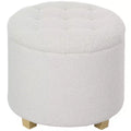 HOMCOM 18 Round Ottoman with Storage, Teddy Fleece Button Tufted Bedroom Stool with Removable Lid and Wood Legs for Living Room, Hallway, White
