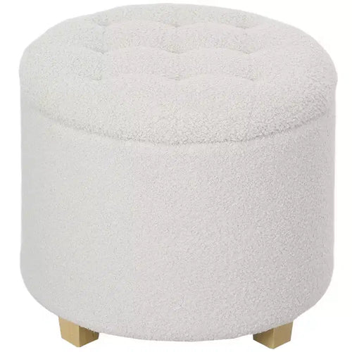 HOMCOM 18 Round Ottoman with Storage, Teddy Fleece Button Tufted Bedroom Stool with Removable Lid and Wood Legs for Living Room, Hallway, White