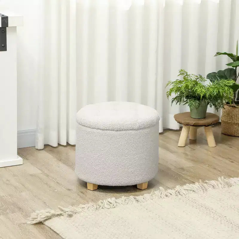 Pouf contenitore rotondo da 45 cm | in pile Teddy con bottoni e gambe in legno