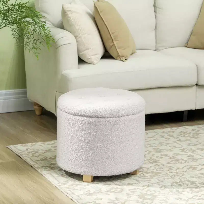 Pouf contenitore rotondo da 45 cm | in pile Teddy con bottoni e gambe in legno
