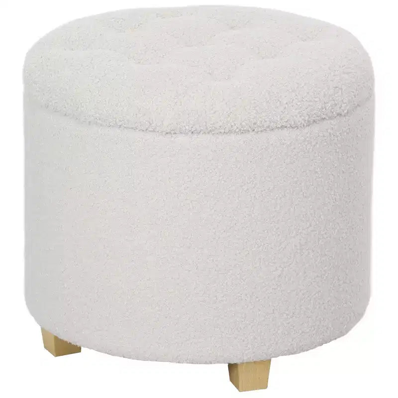Pouf contenitore rotondo da 45 cm | in pile Teddy con bottoni e gambe in legno