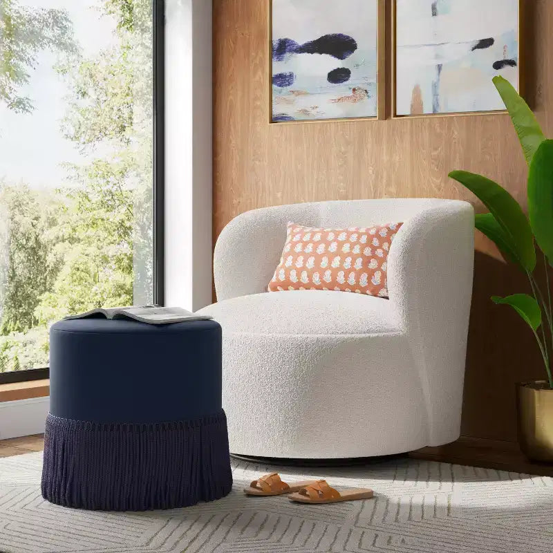 Pouf-Contenitore a Tamburo in Velluto con Frange e Struttura in Legno
