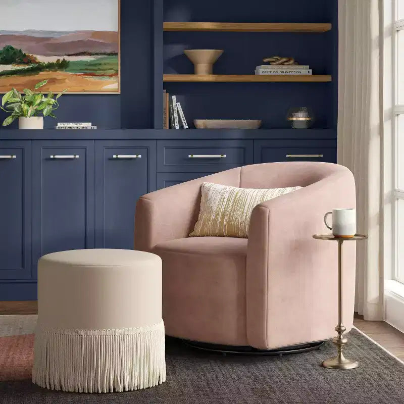 Pouf-Contenitore a Tamburo in Velluto con Frange e Struttura in Legno