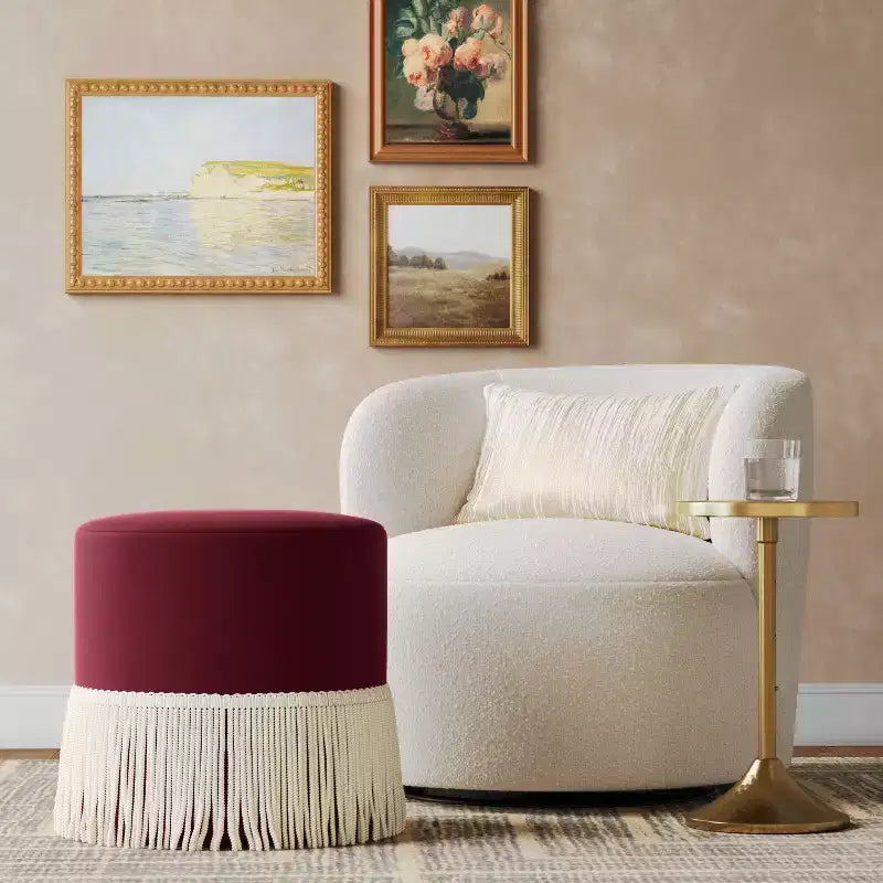 Pouf-Contenitore a Tamburo in Velluto con Frange e Struttura in Legno
