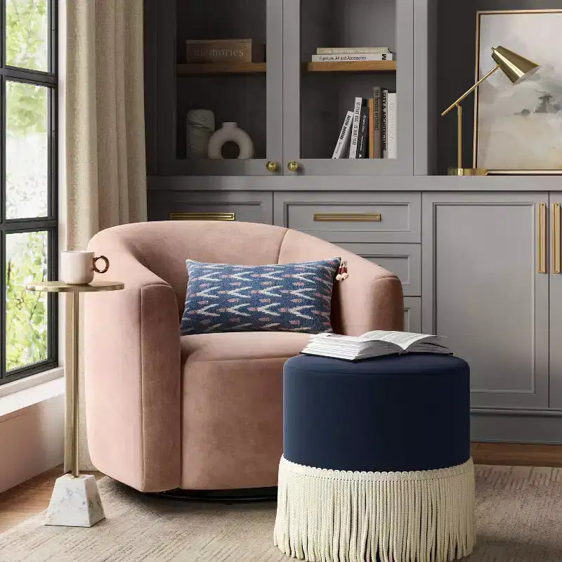Pouf-Contenitore a Tamburo in Velluto con Frange e Struttura in Legno