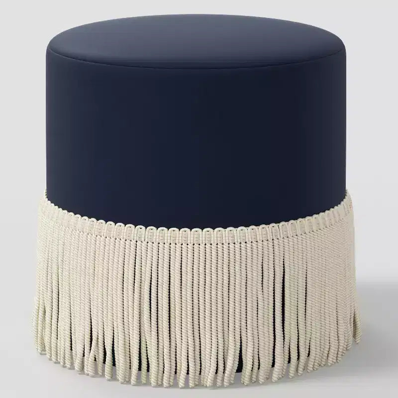 Pouf-Contenitore a Tamburo in Velluto con Frange e Struttura in Legno