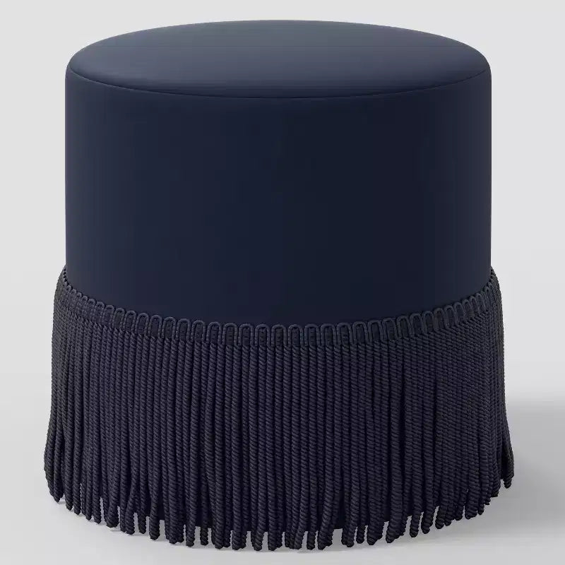 Pouf-Contenitore a Tamburo in Velluto con Frange e Struttura in Legno
