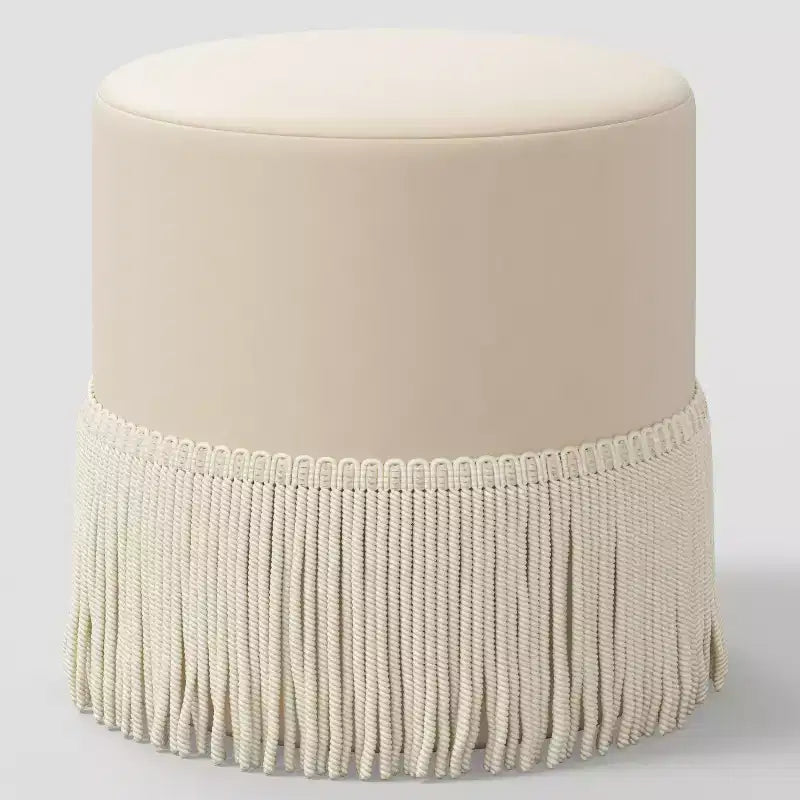 Pouf-Contenitore a Tamburo in Velluto con Frange e Struttura in Legno